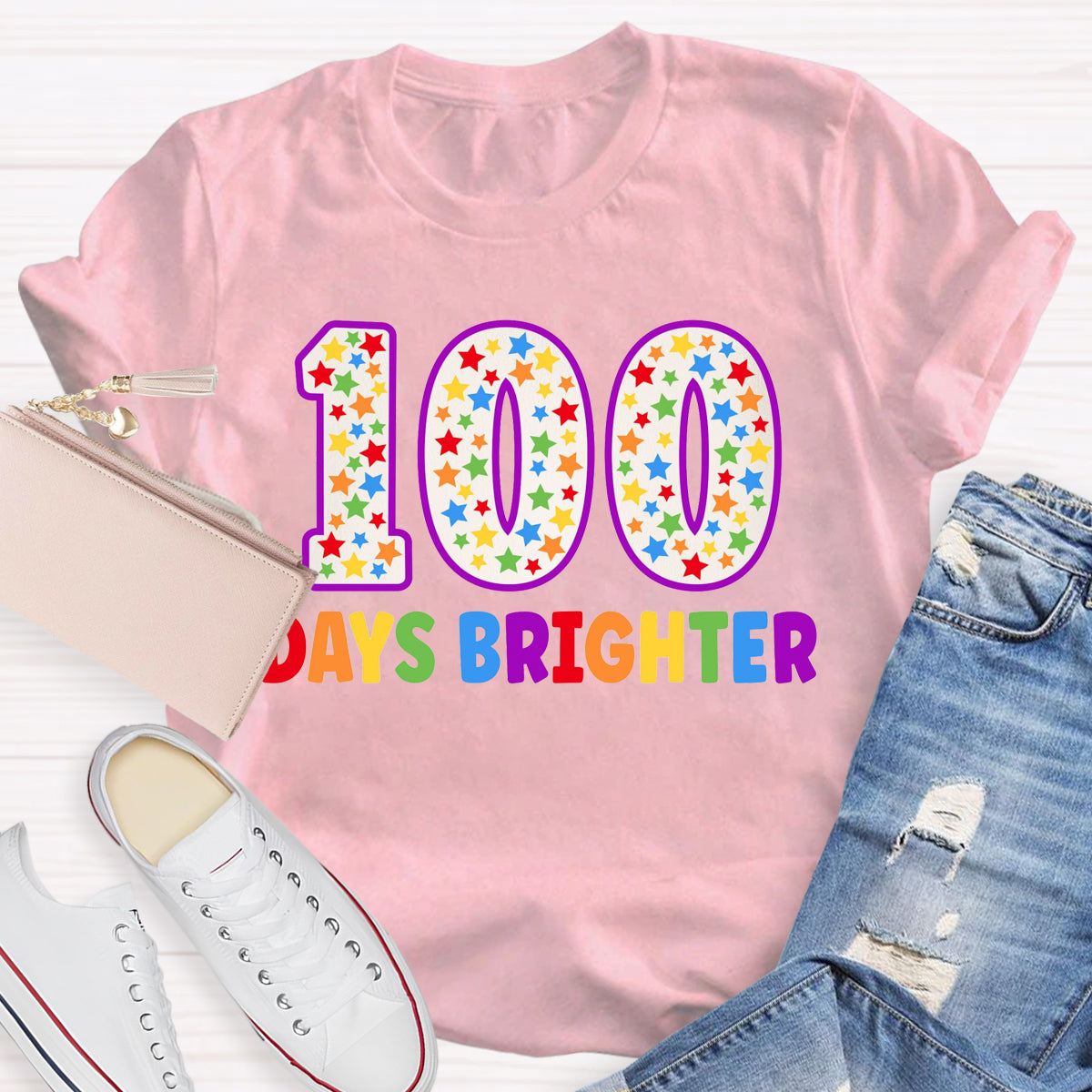 100 Days Brighter Colorful Letter Teacher T-Shirt