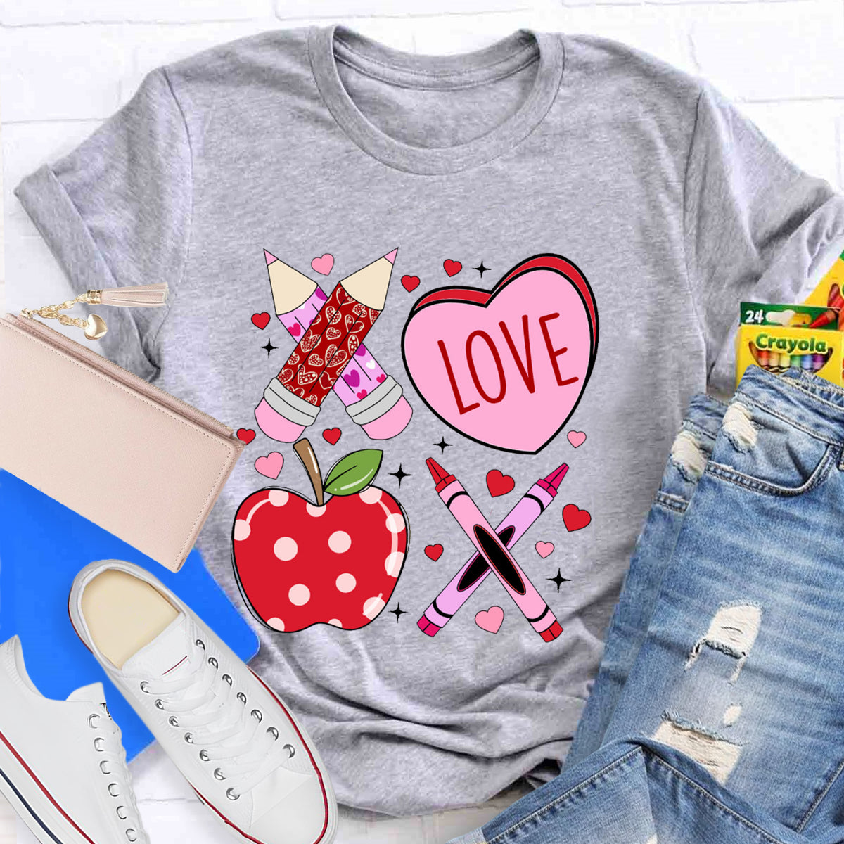 Pink Pencil And Apple Love Teacher T-Shirt