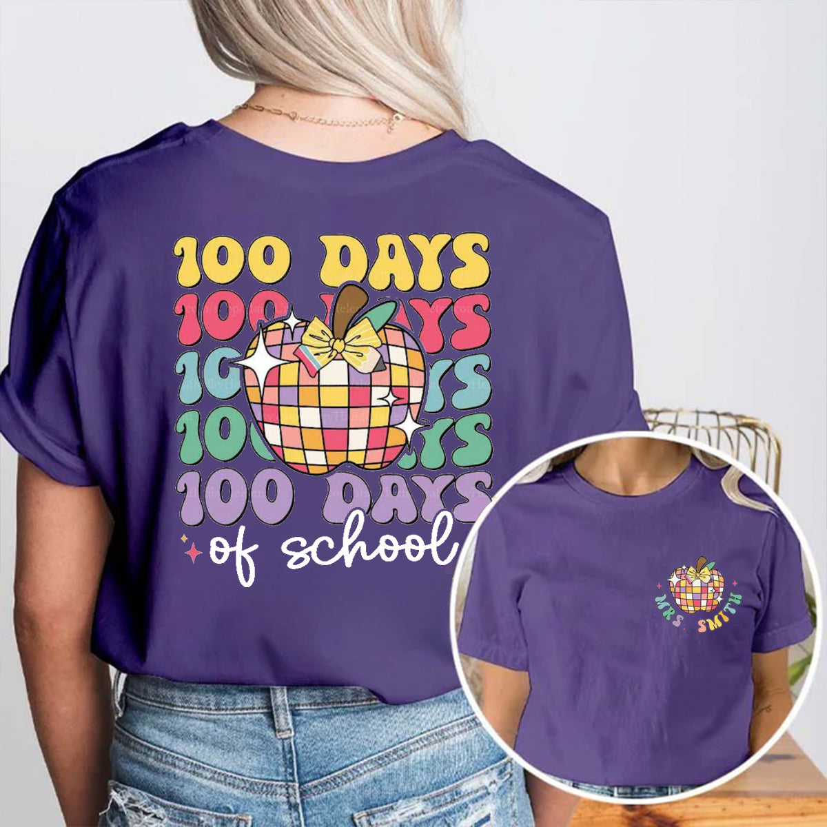 Personalized Name 100 Days Of School Double Printed T-shirt