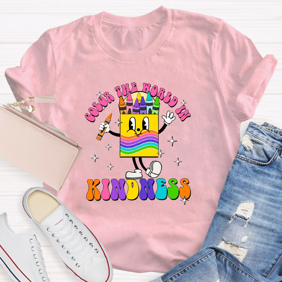 Color The World In Kindness Crayon Pencil Teacher T-Shirt