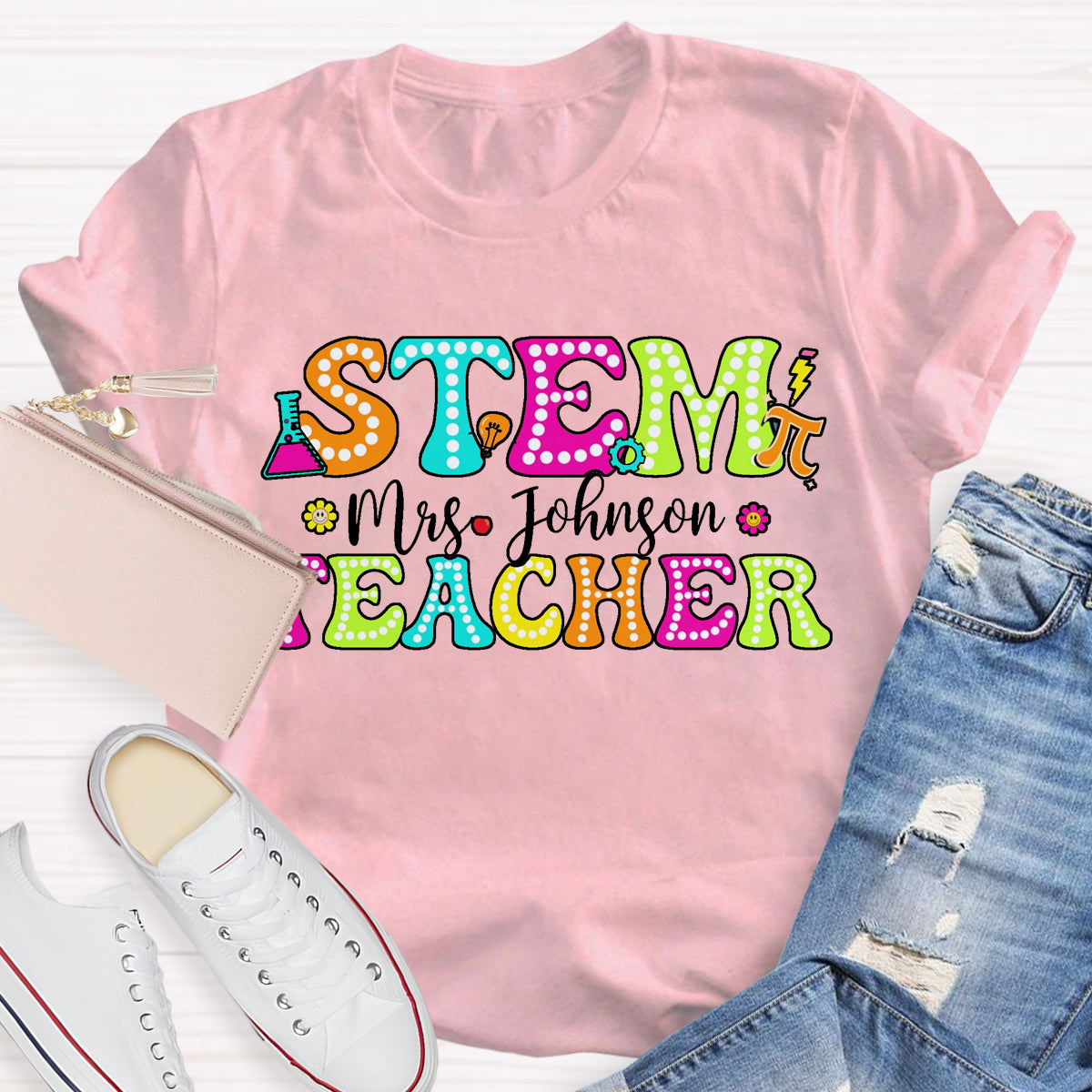 Personalized Name STEM Teachers Colorful Printed T-Shirt