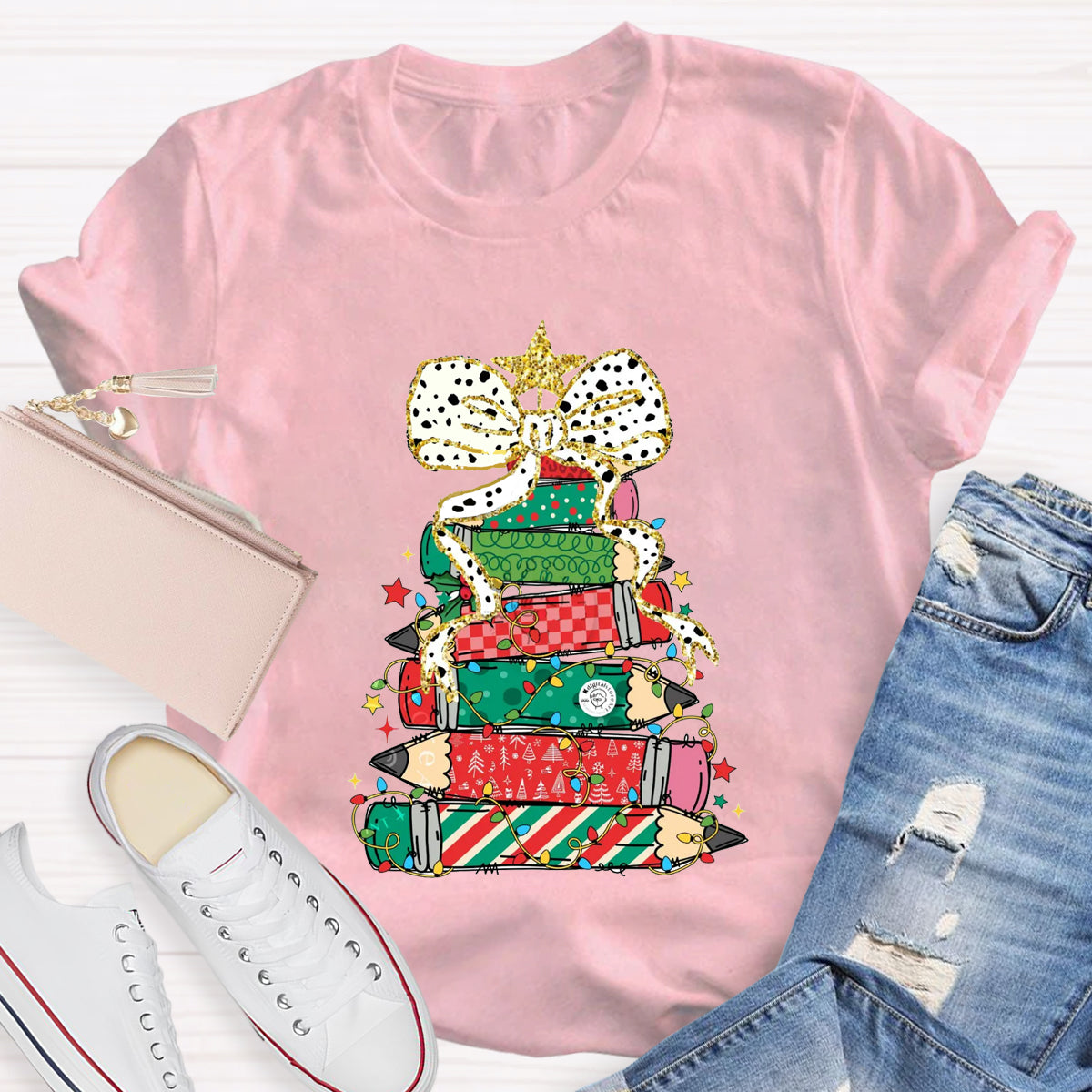 Pencil Tree  Bow Teacher T-Shirt