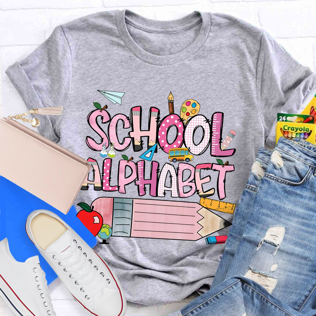 School Alphabet Pink Pencil Teacher T-Shirt