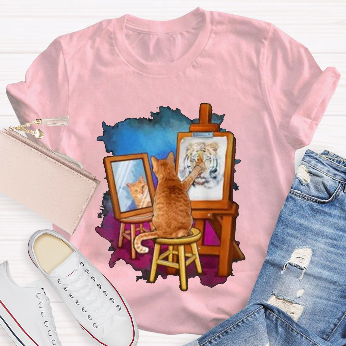 Funny Cat Painting Lion Teacher T-Shirt