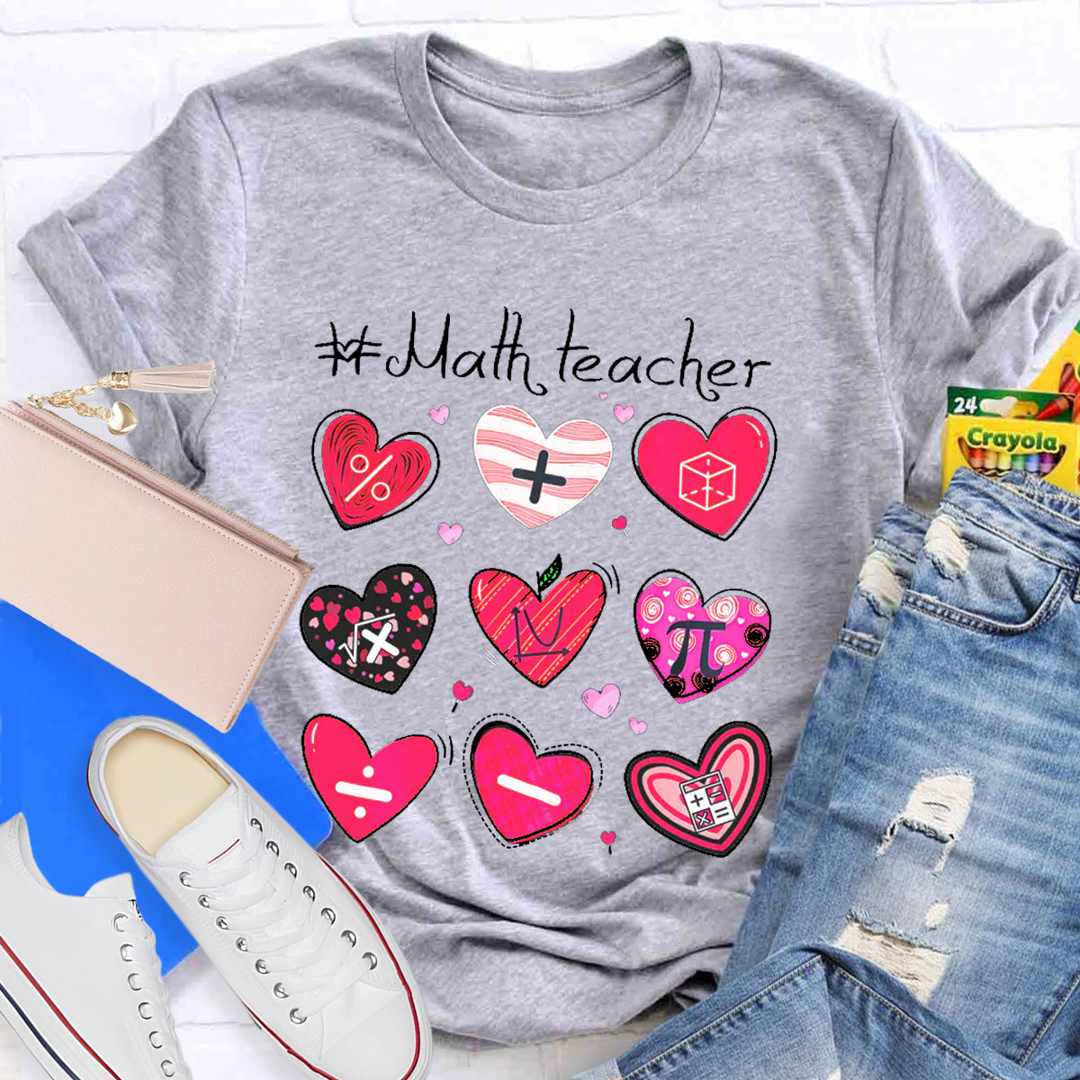 Red Heart Math Symbols Teacher T-Shirt