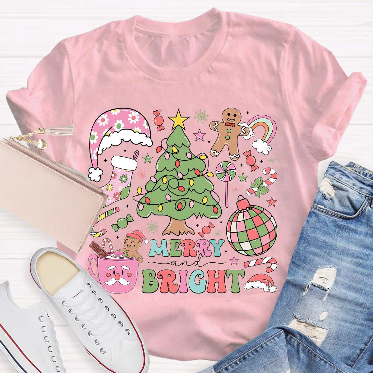 Merry And Bright Christmas Tree Teacher T-Shirt