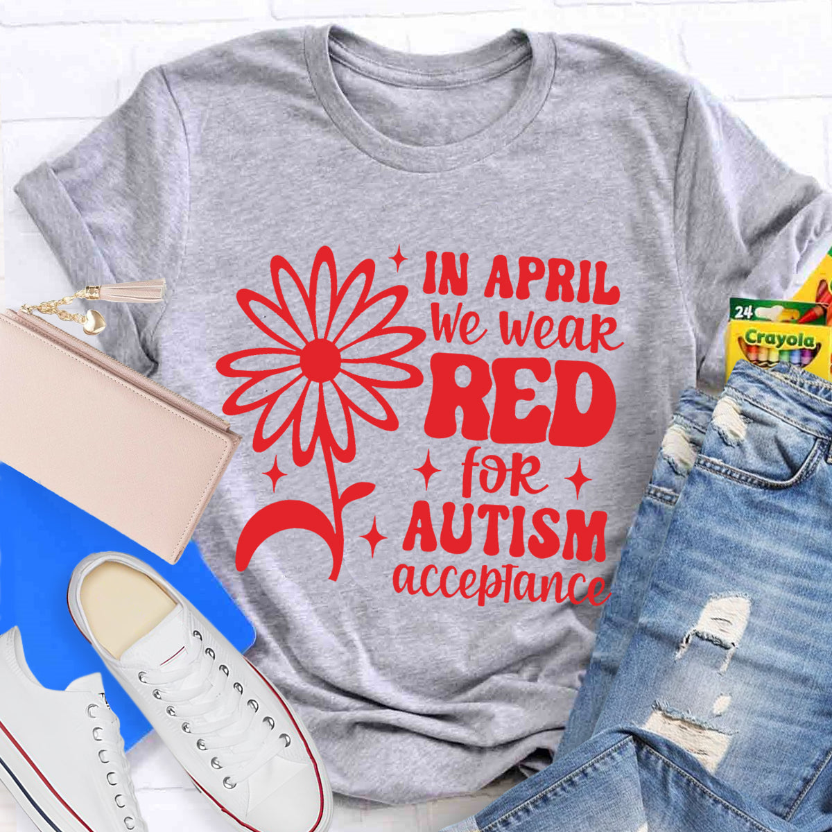 In April We Wear Red Autism Acceptance T-Shirt