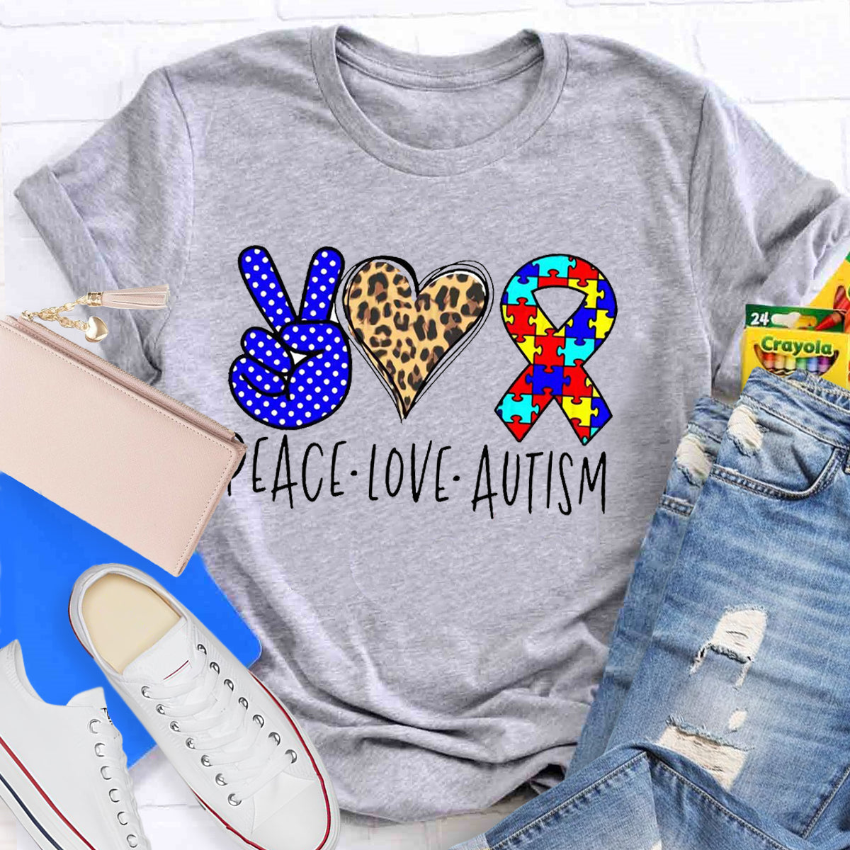 Peace love Autism Leopard Heart T-Shirt