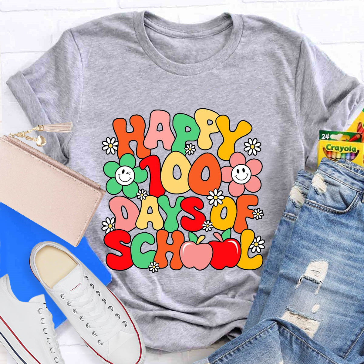 Happy 100 Days Of School Flower Apple T-Shirt