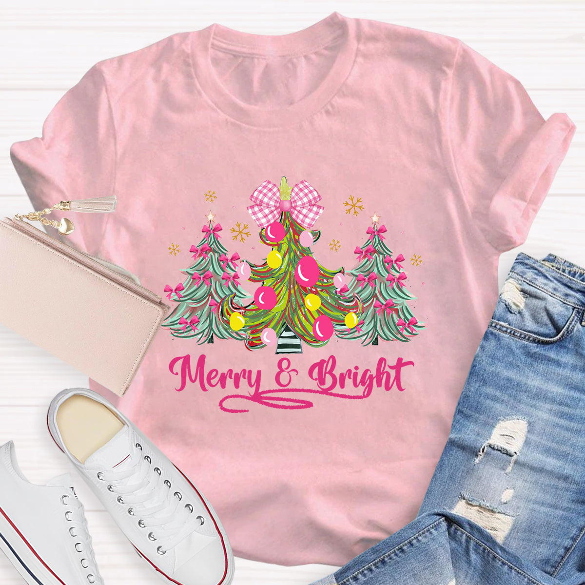 Bow Christmas Tree Merry And Bright Christmas Teacher T-Shirt