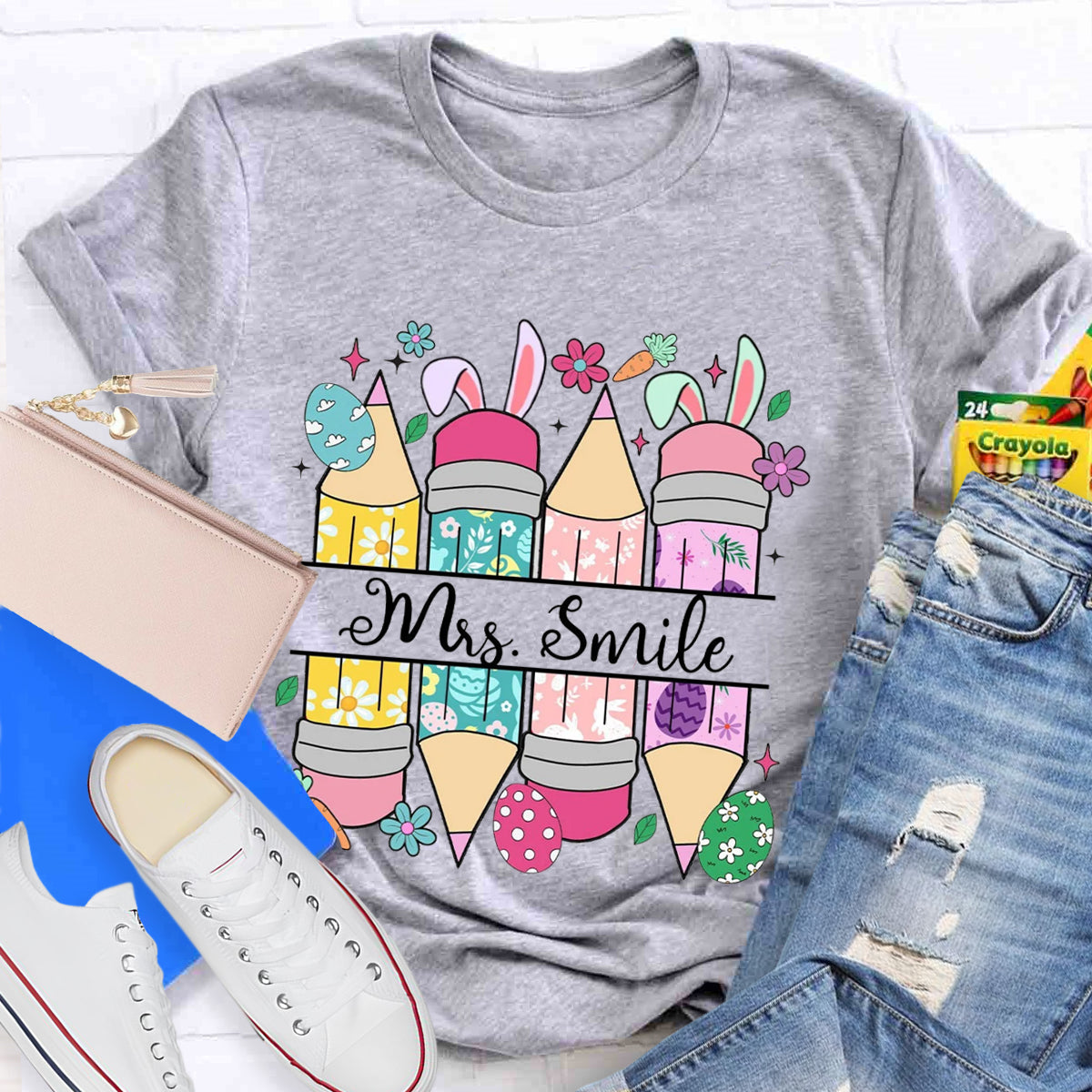 Personalized Name Easter Bunny Pencil Teacher T-Shirt