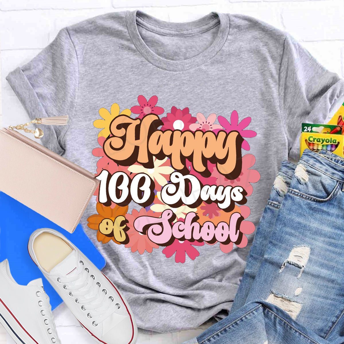 Happy 100 Days Of School Floral Printed T-Shirt