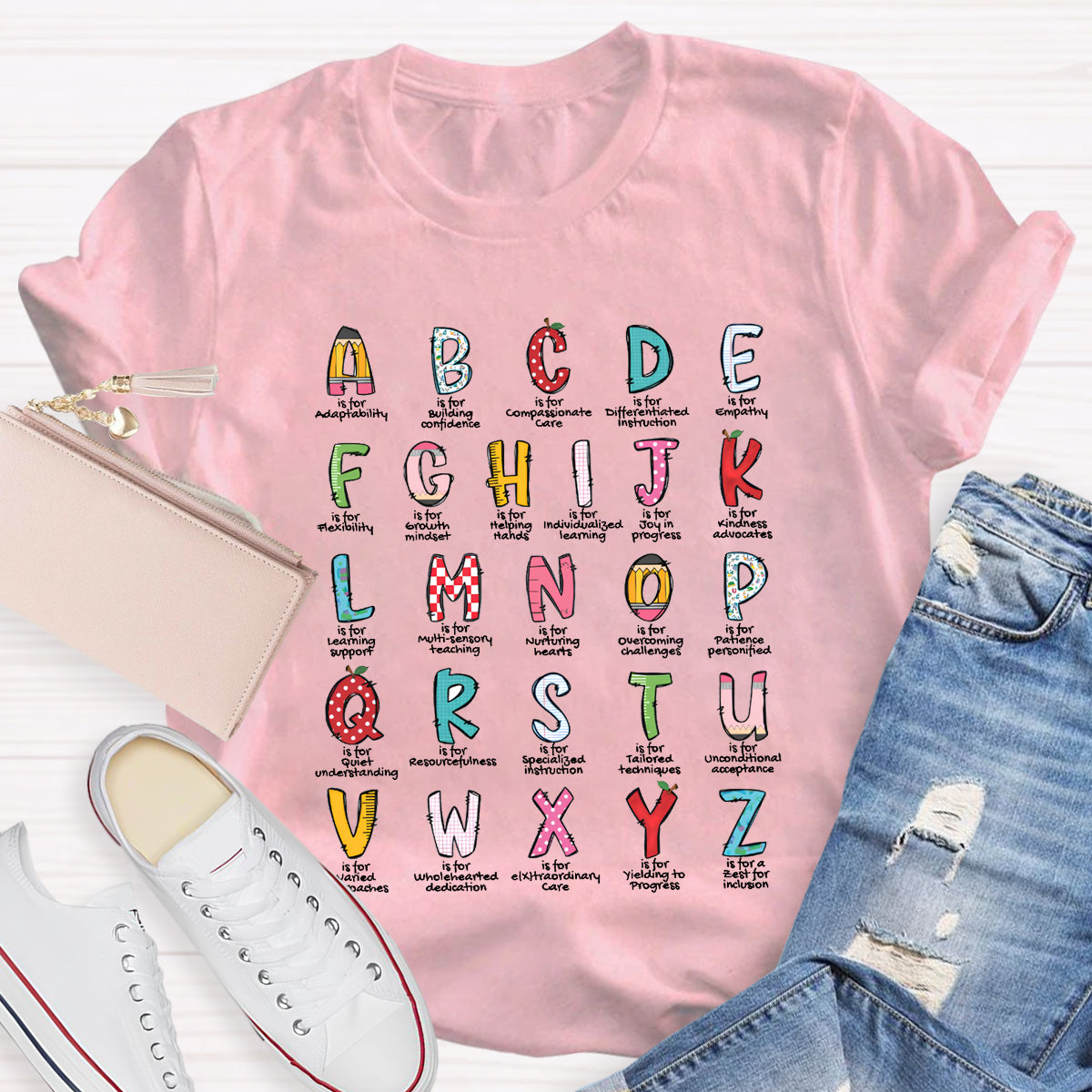 Colorful Plaid Design Alphabet Teacher T-Shirt