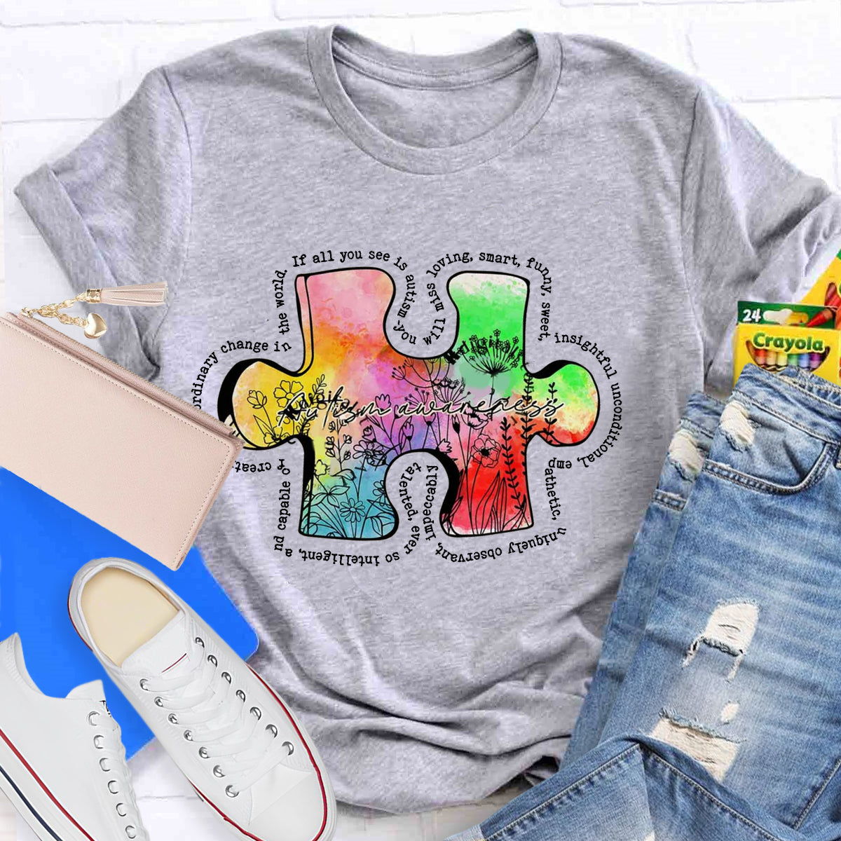 Retro Wildflower Colorful Autism Puzzle Design T-Shirt