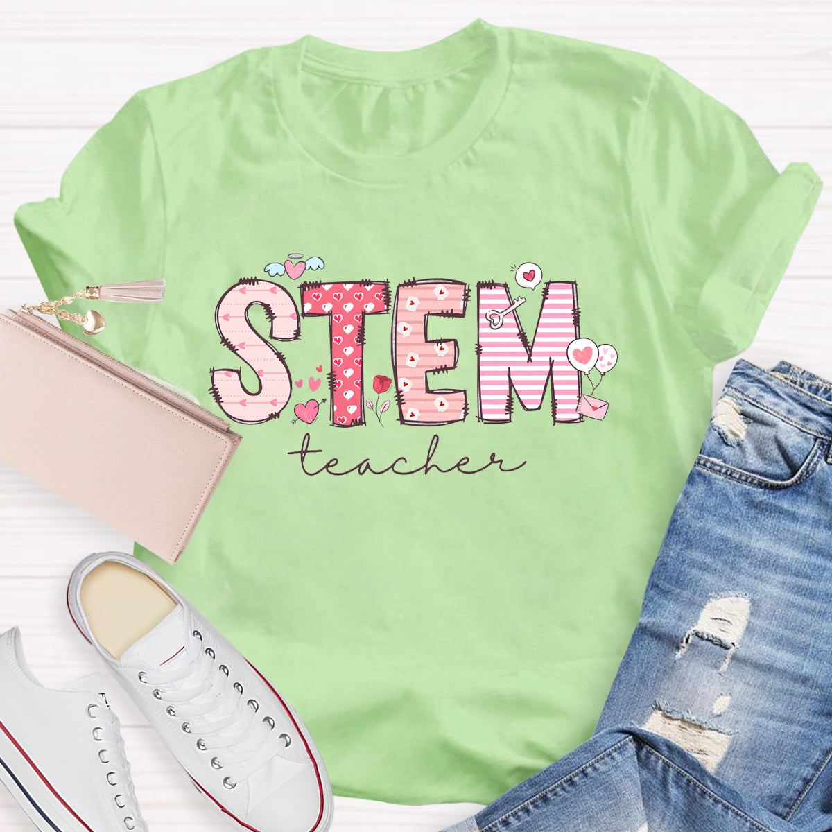 STEM Teacher Pink Heart Printed T-Shirt