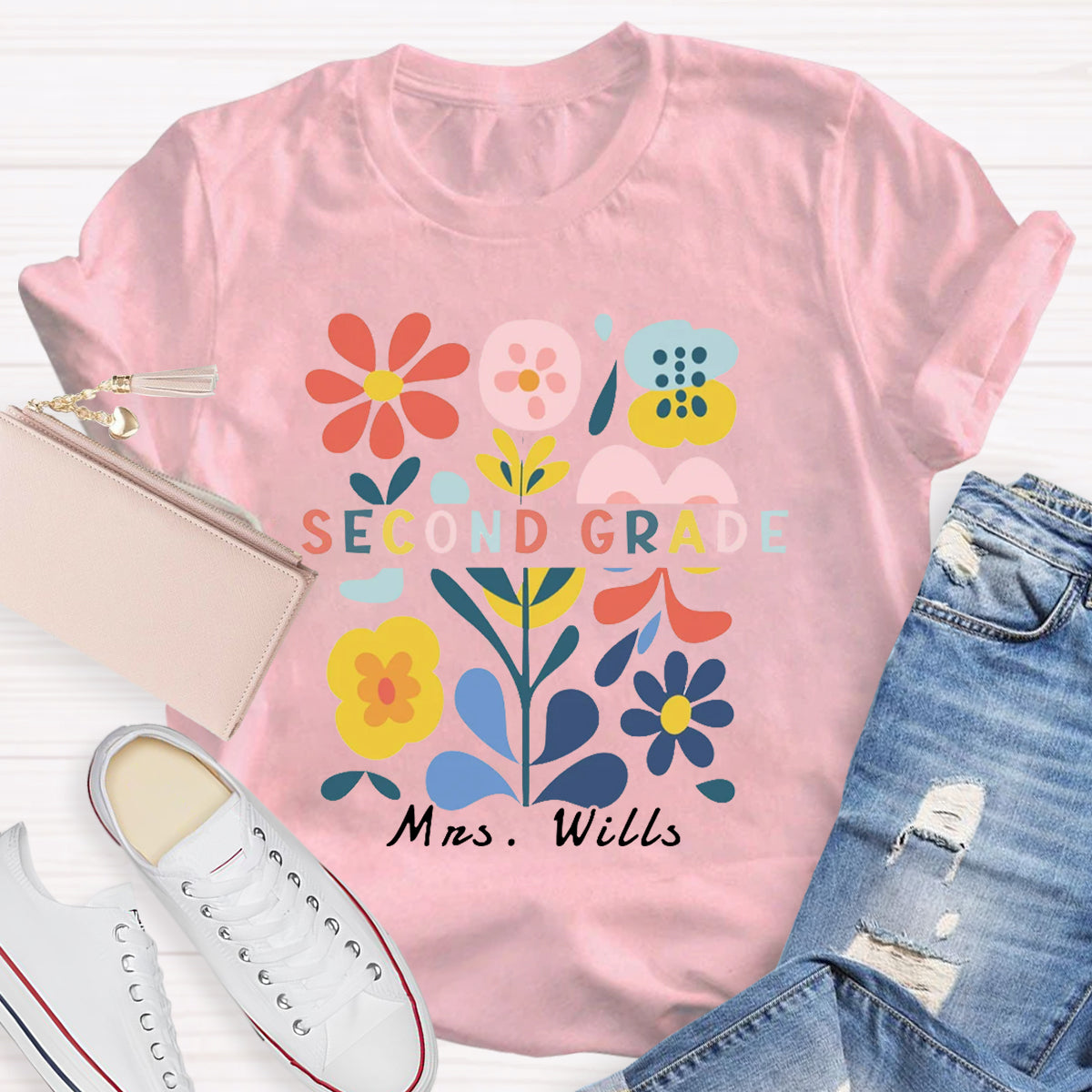 Personalized Name And Grade Floral Teacher T-Shirt