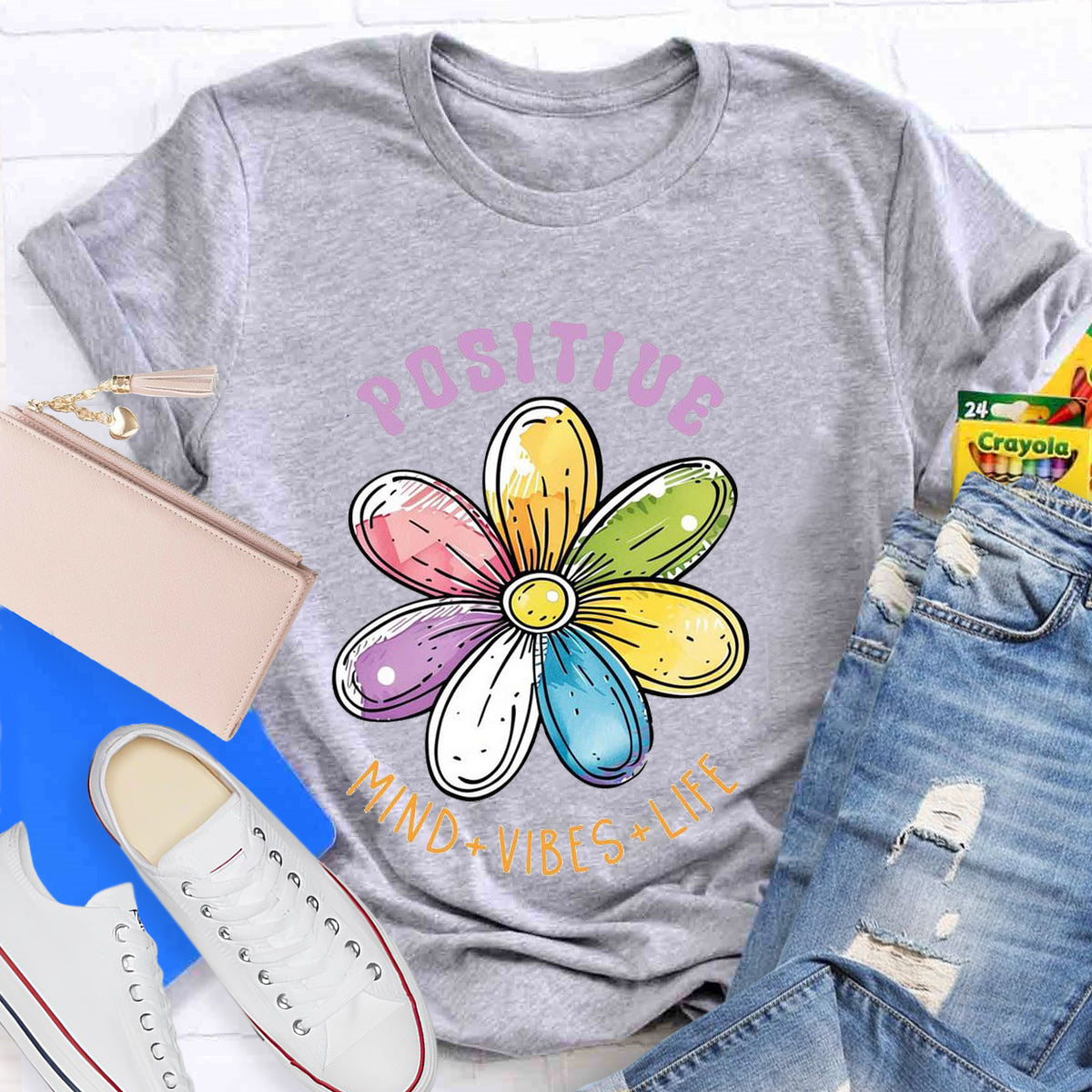 Positive Mind Vibes Life Floral Teacher T-Shirt