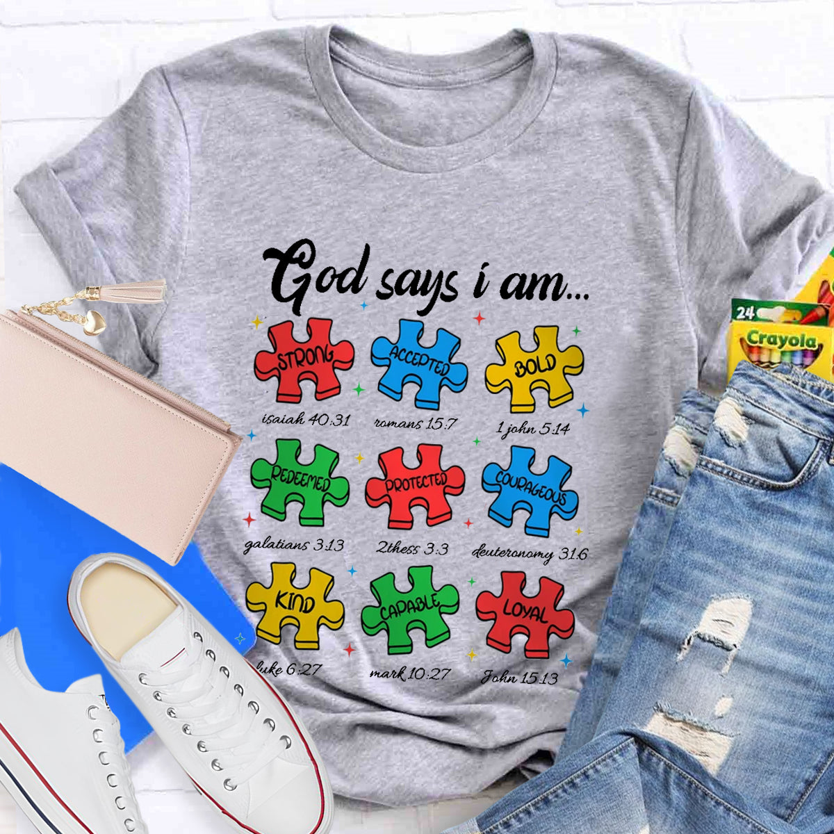 God Says I am Strong Puzzle Pieces Autism T-Shirt