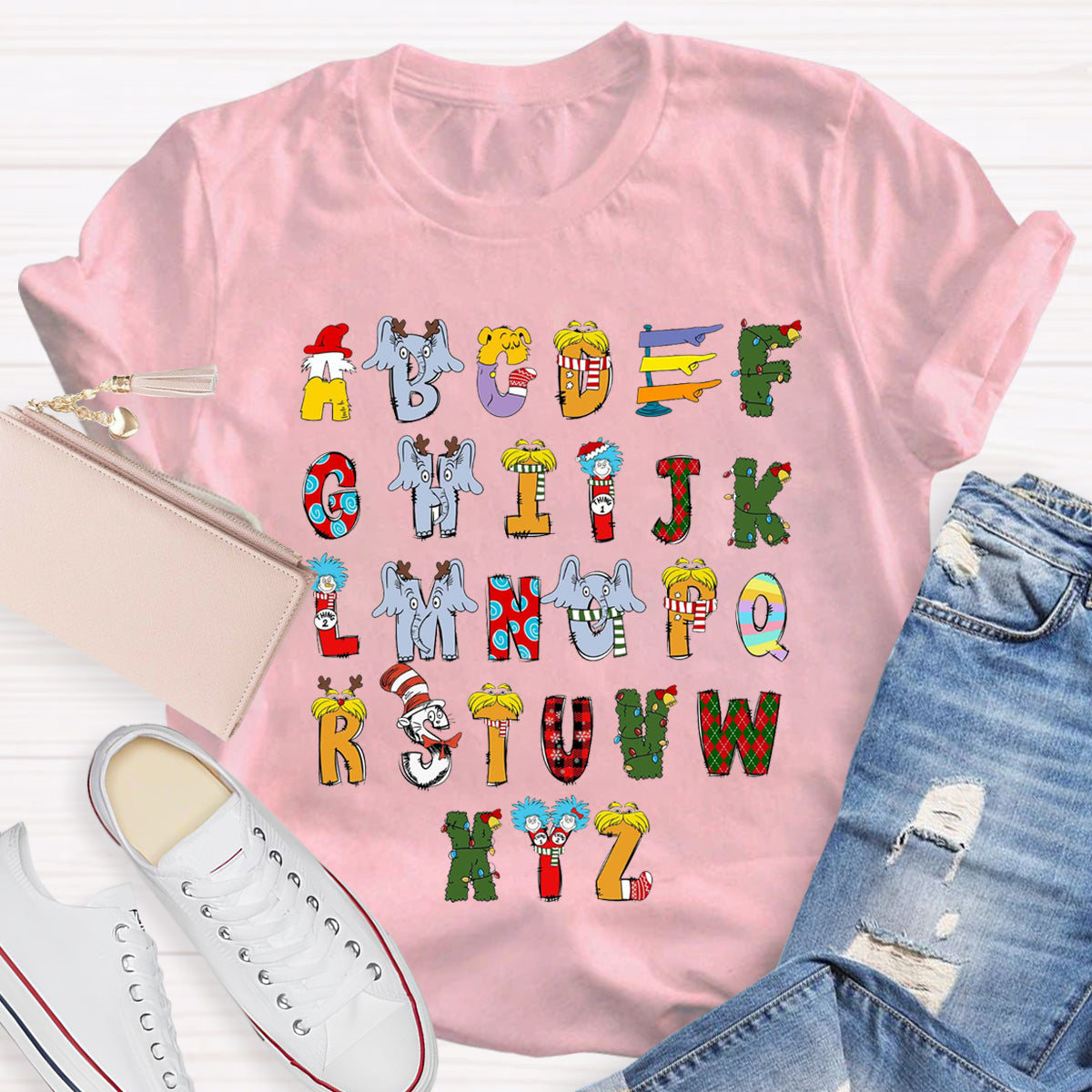 Christmas Doodle Alphabet Cat In The Hat Children's Book Teacher T-Shirt