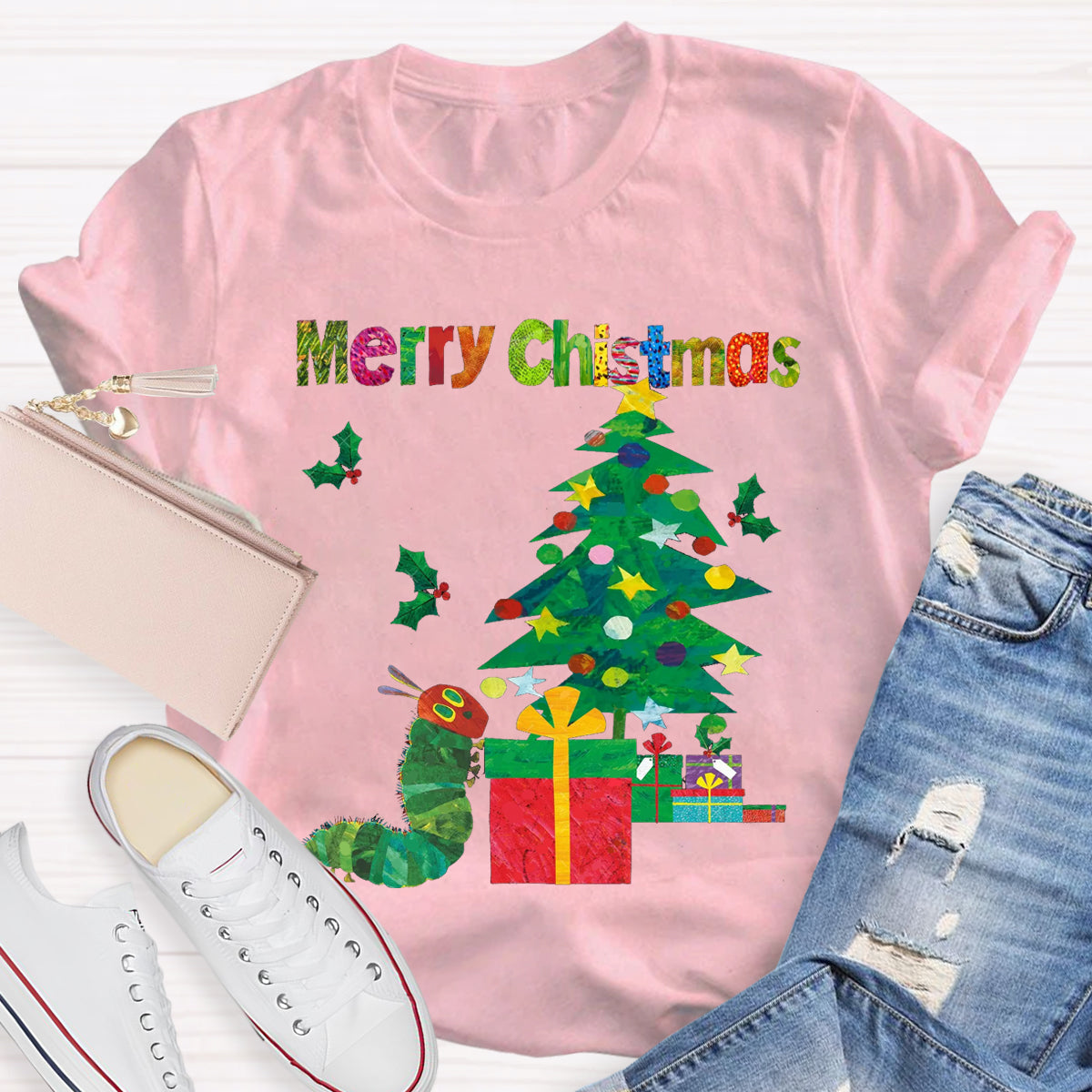 Merry Christmas Caterpillar Crawling Towards Christmas Tree T-Shirt