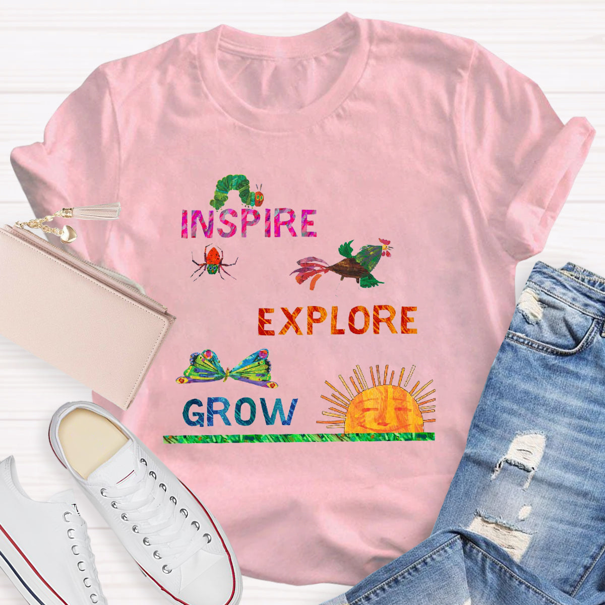 Inspire Explore Grow Caterpillar Grows Colorful Butterfly T-Shirt