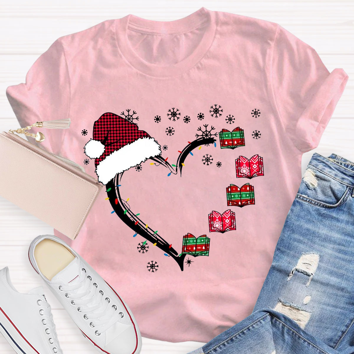 Christmas Books Heart Teacher T-Shirt