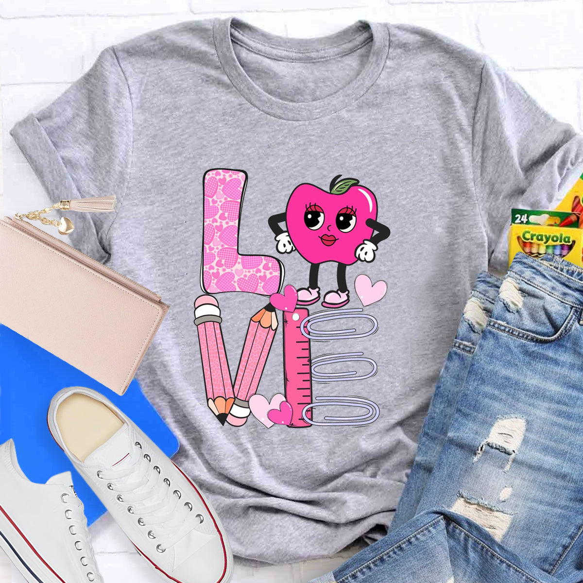 Pink Apple Love Teacher T-Shirt