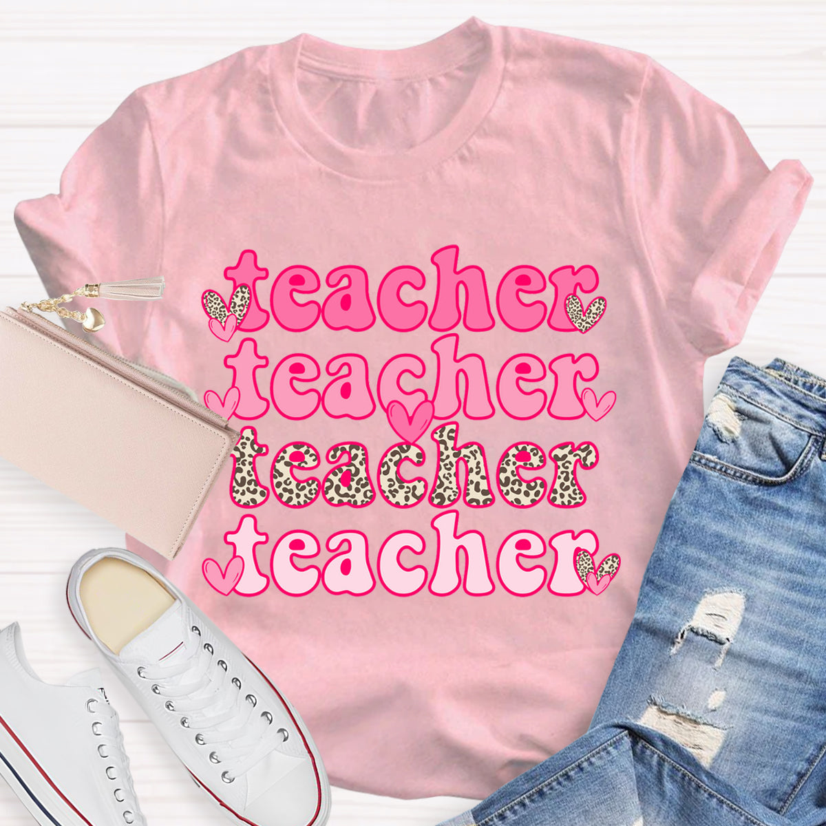 Valentine's Day Pink Leopard Teacher T-Shirt