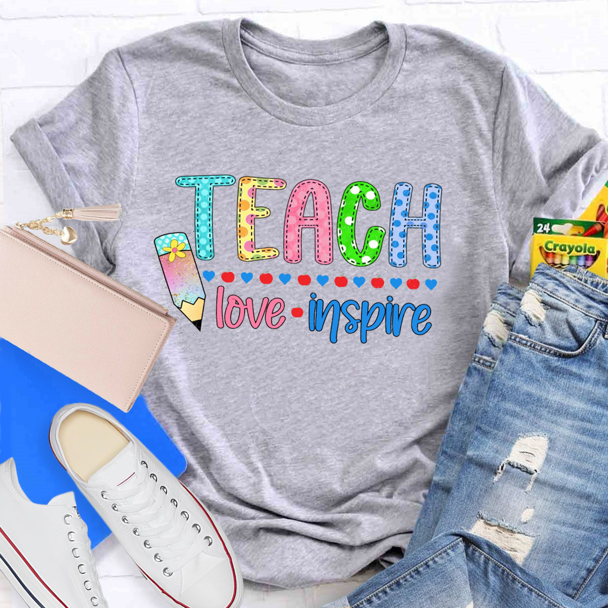 Teach Love Inspire Pencil Apple Printed T-Shirt