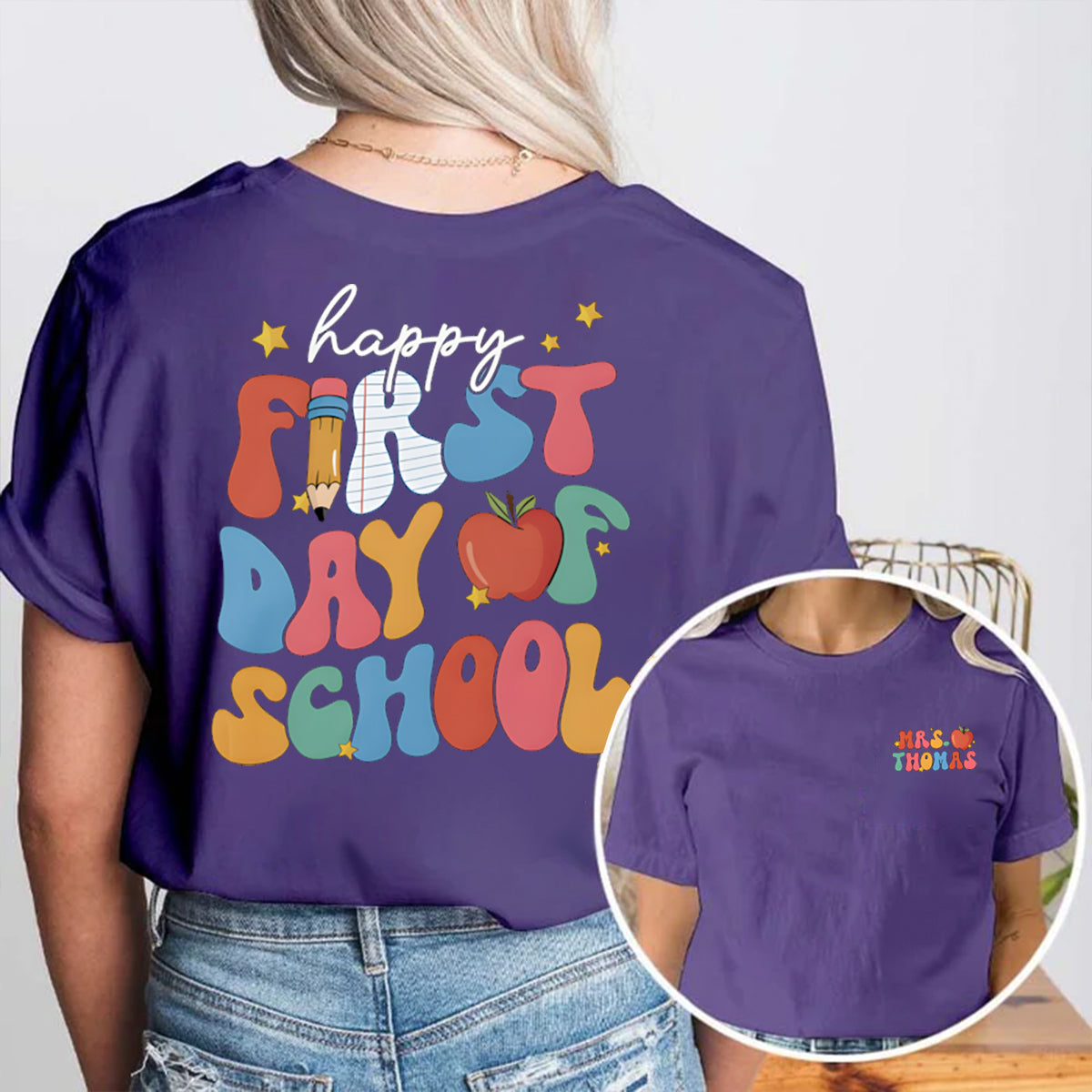Personalized Name Happy First Of Day School Double Printed T-shirt