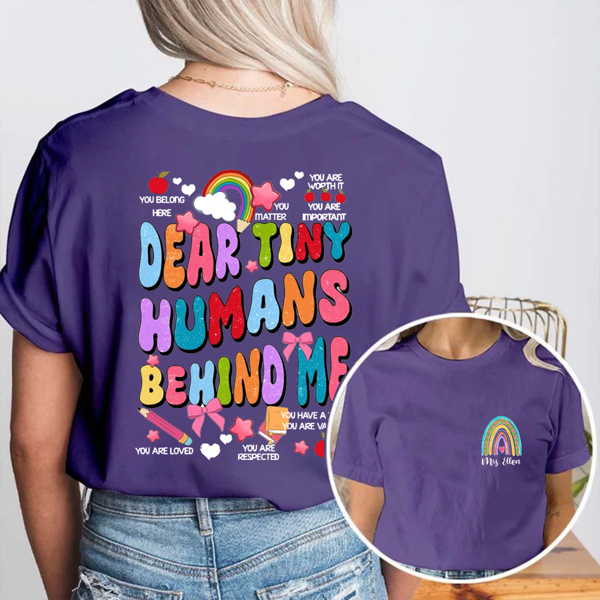 Personalized Name Rainbow Dear Tiny Human Behind Me Double Printed T-shirt