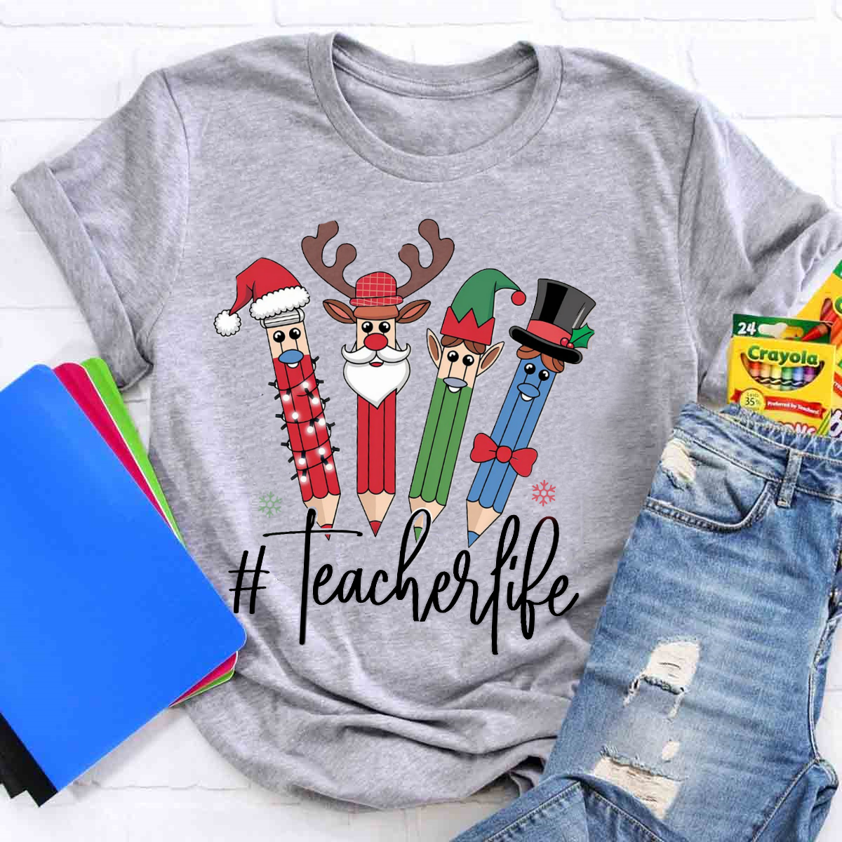 Teacher Life Christmas Pencil Print T-Shirt