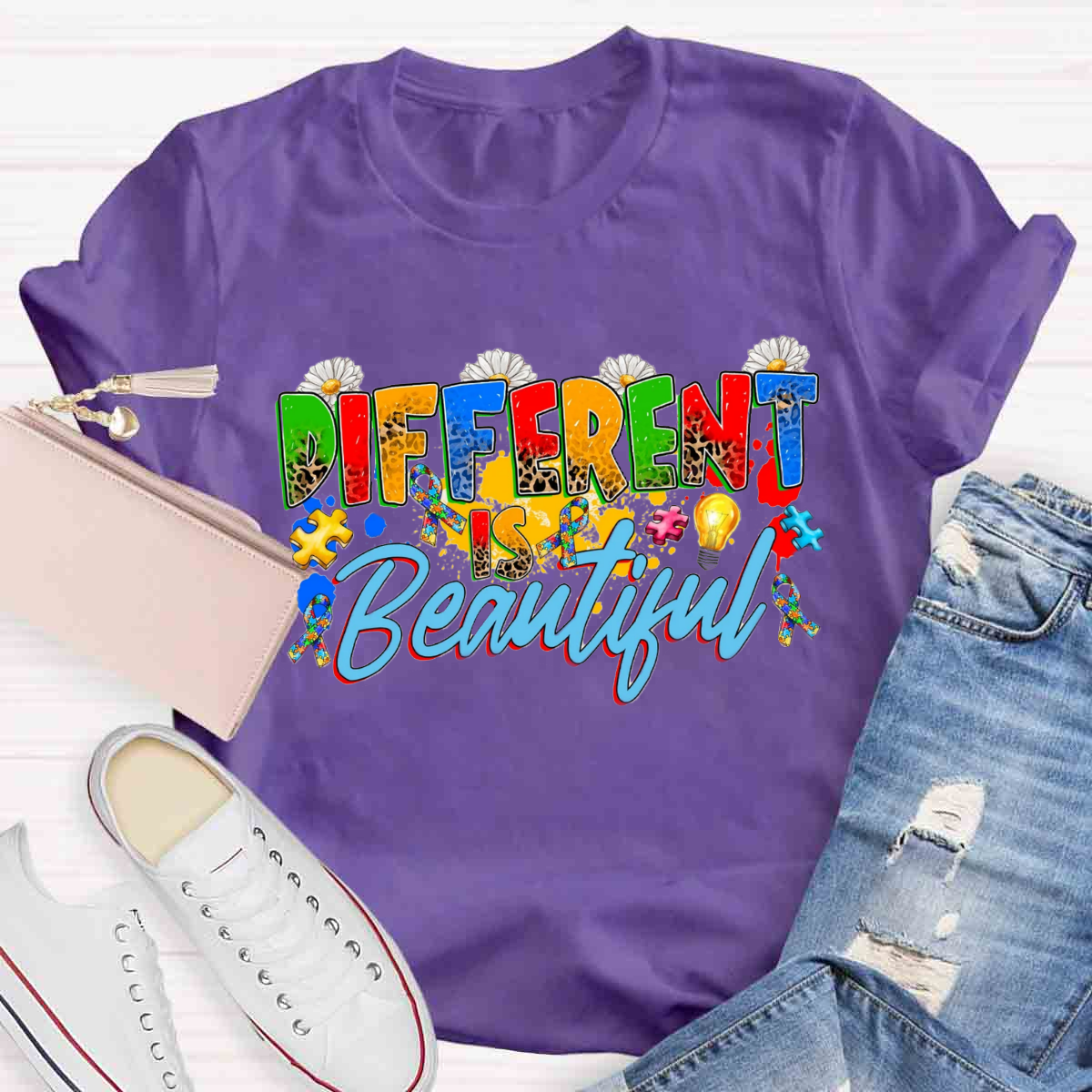 Different Is Beautiful Floral Teacher T-Shirt