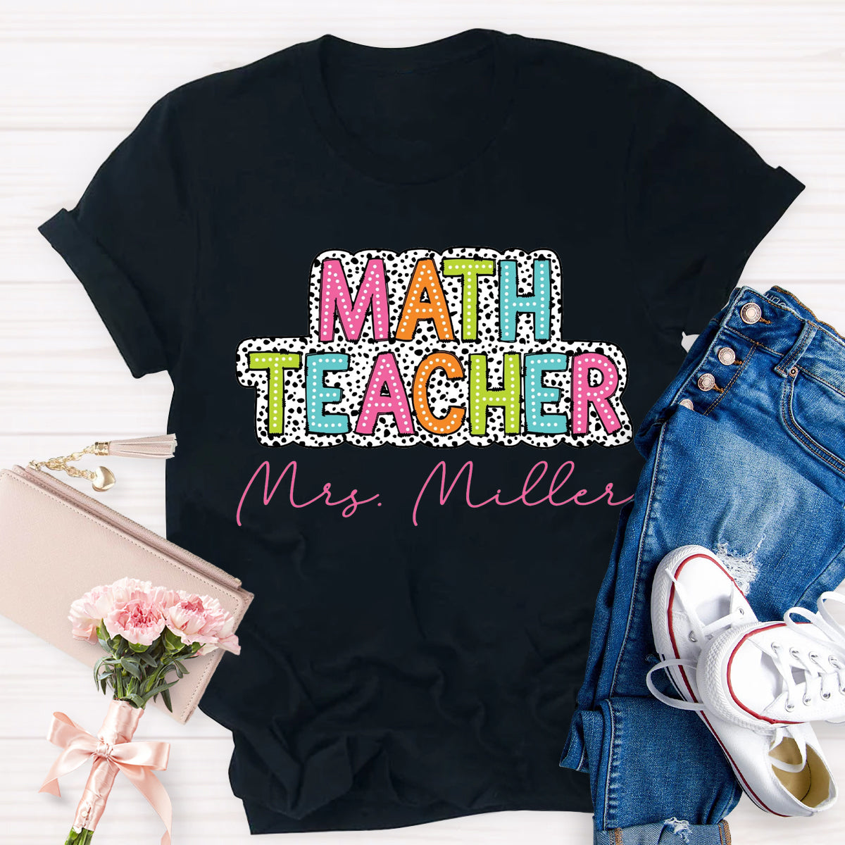 Personalized Name Dalmatian Dots Math Teacher T-Shirt