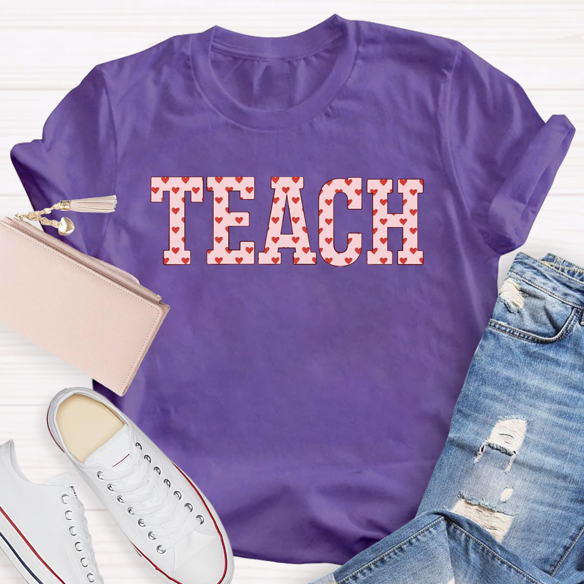 Pink Heart Teach Teacher T-Shirt