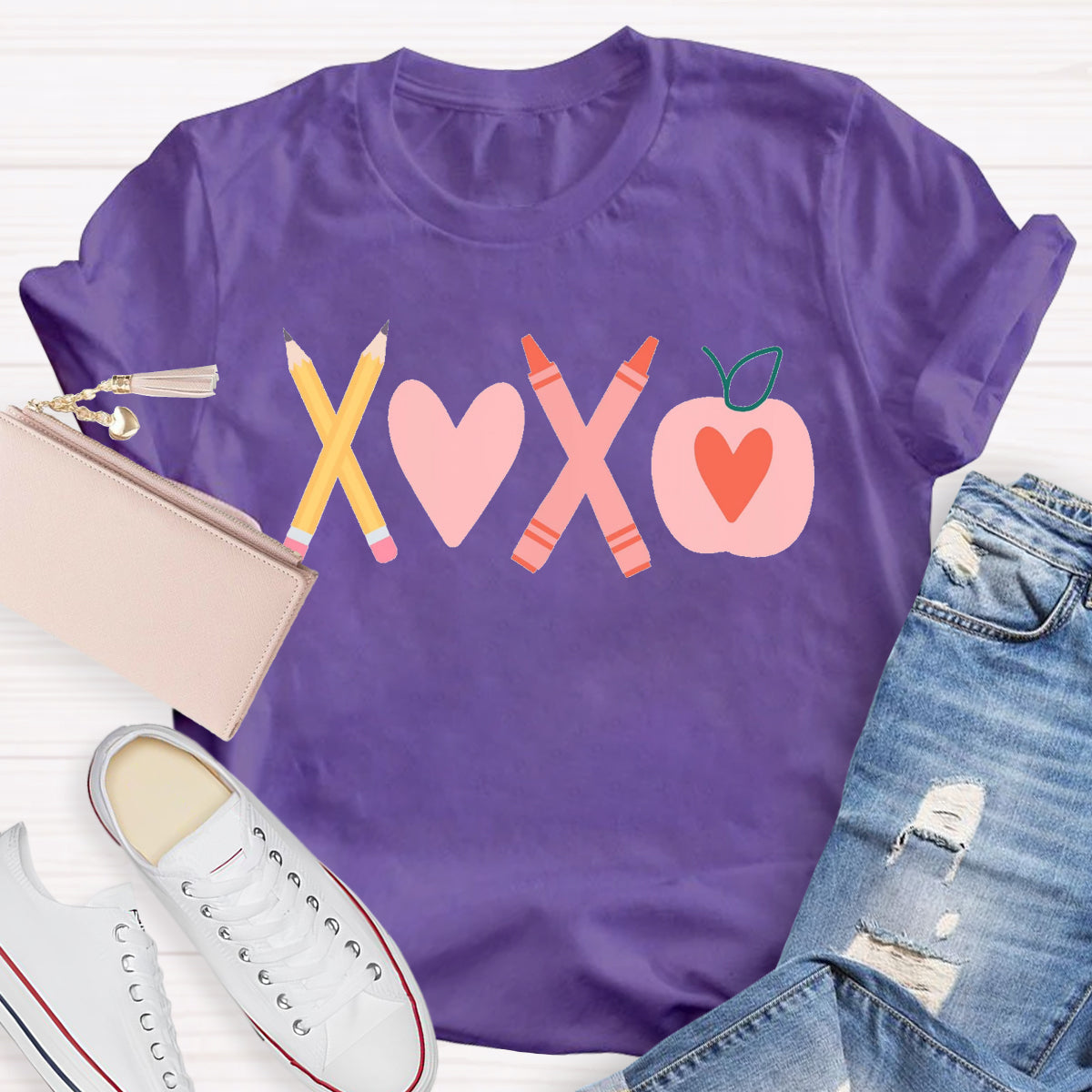 Valentine's Day Pencil Crayon Apple Teacher T-Shirt