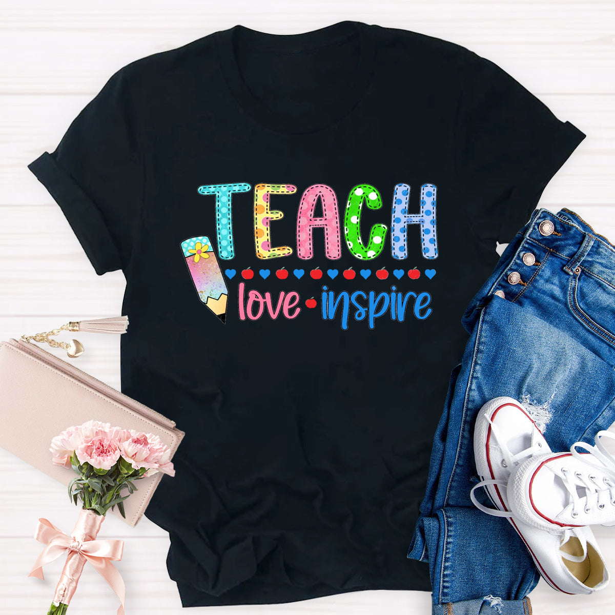 Teach Love Inspire Pencil Apple Printed T-Shirt