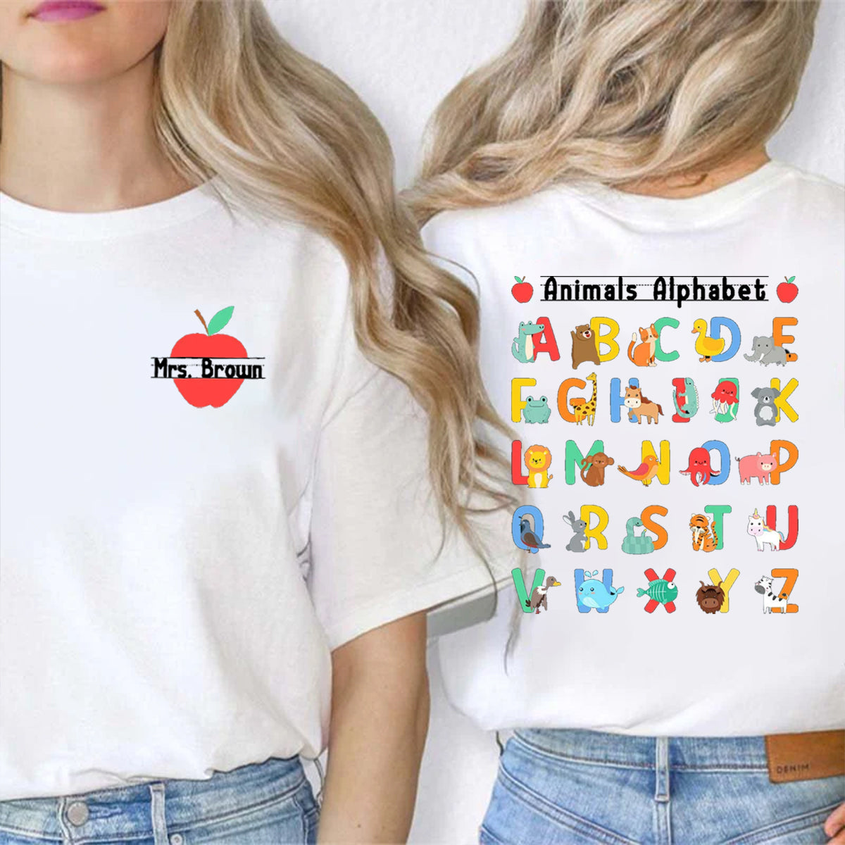 Personalized Name Animals Alphabet Double Printed T-shirt