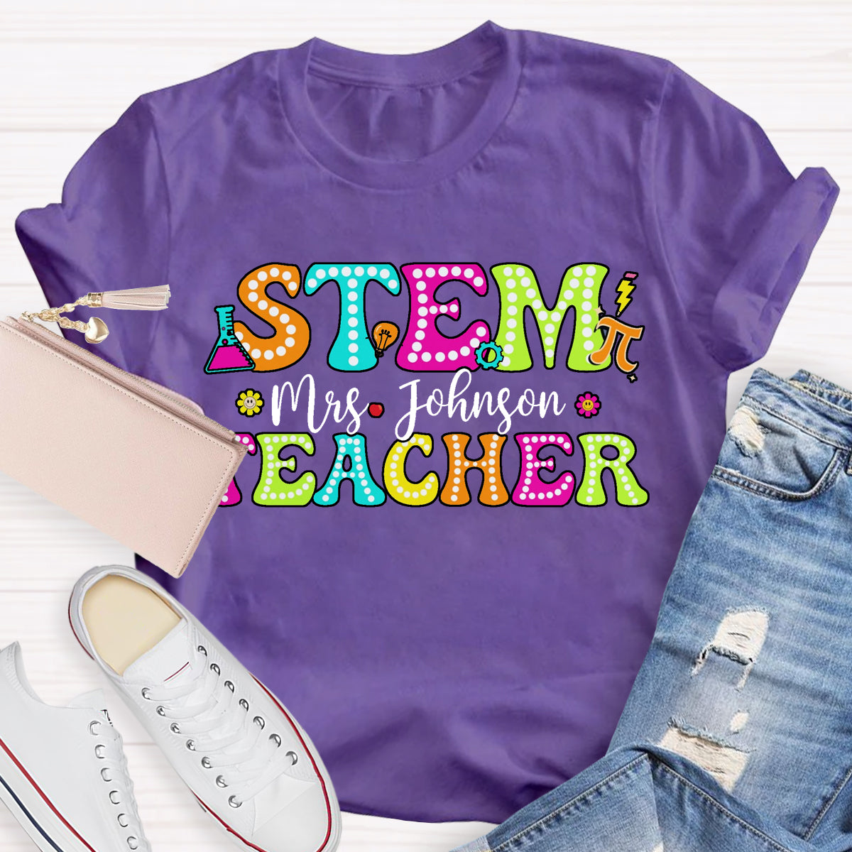 Personalized Name STEM Teachers Colorful Printed T-Shirt