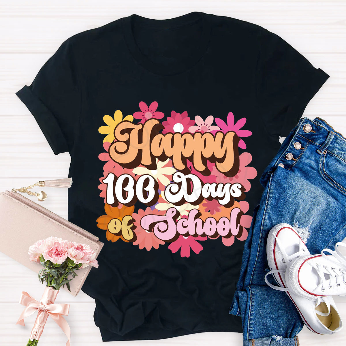 Happy 100 Days Of School Floral Printed T-Shirt