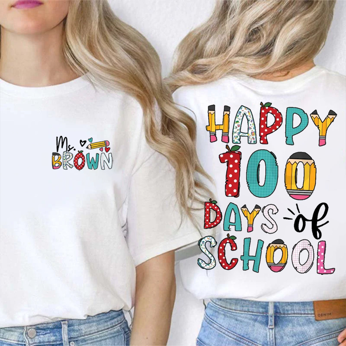 Personalized Name Happy 100 Days Of School Double Printed T-shirt