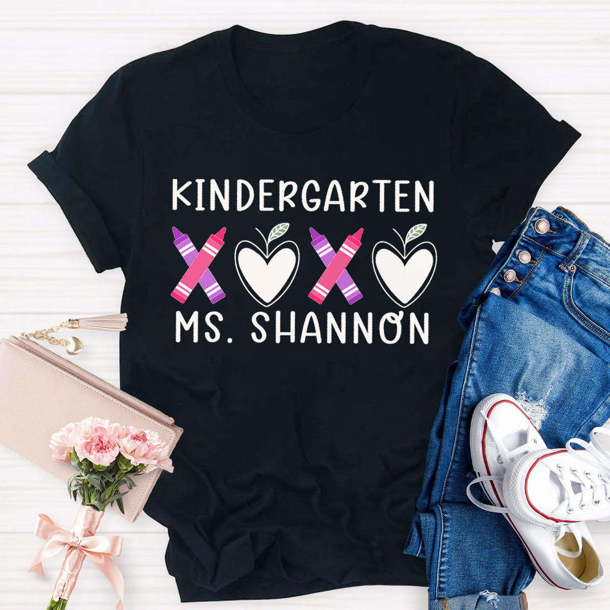 Personalized Grade And Name Pink Heart Crayon Teacher T-Shirt