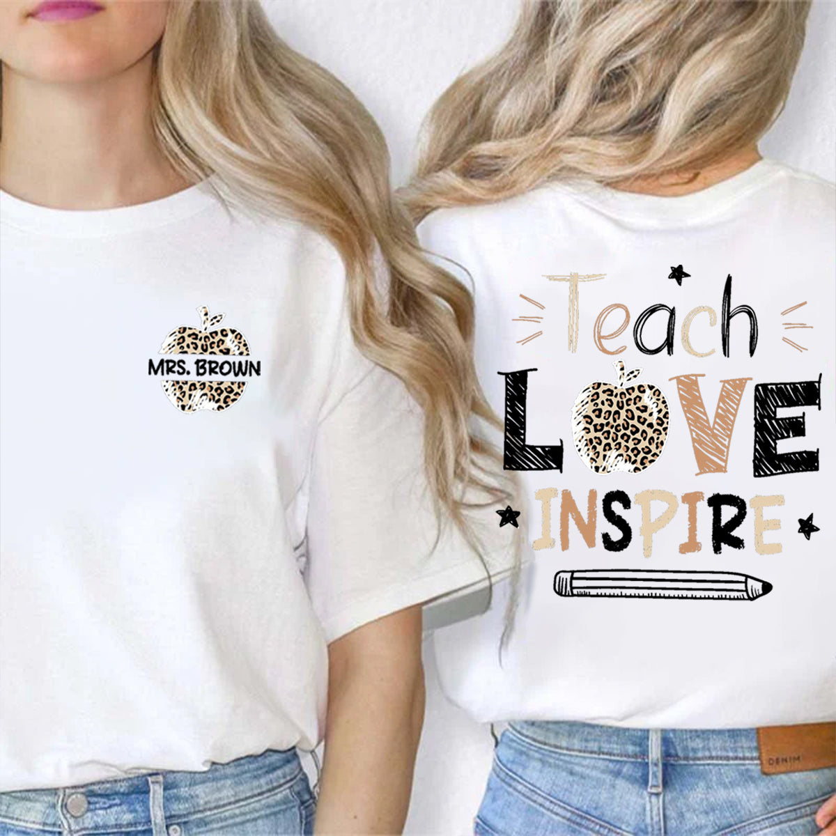 Personalized Name Teach Love Inspire Leopard Apple  Double Printed T-shirt