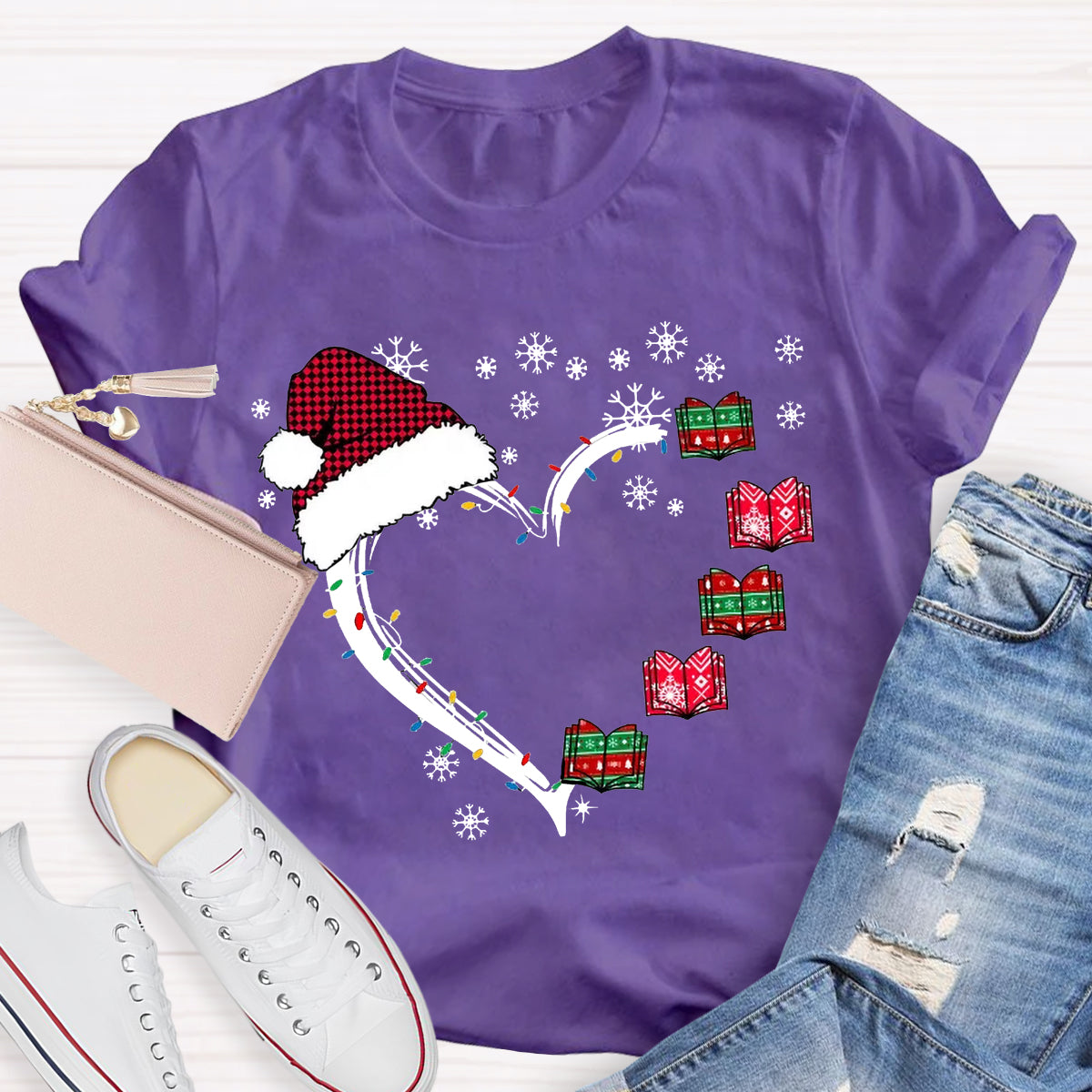 Christmas Books Heart Teacher T-Shirt