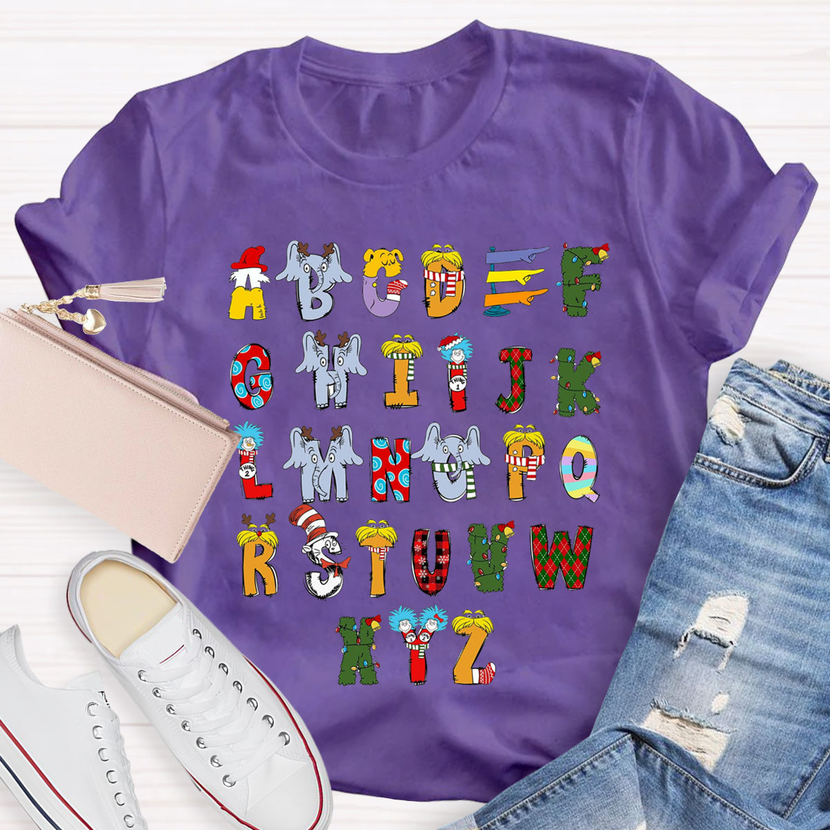 Christmas Doodle Alphabet Cat In The Hat Children's Book Teacher T-Shirt