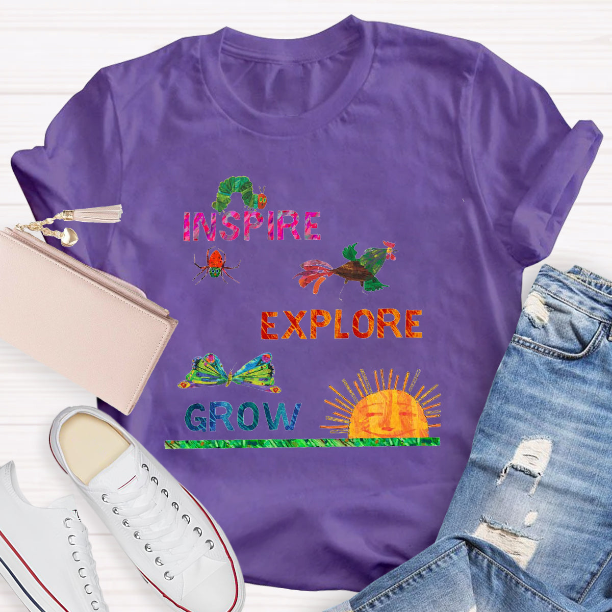 Inspire Explore Grow Caterpillar Grows Colorful Butterfly T-Shirt