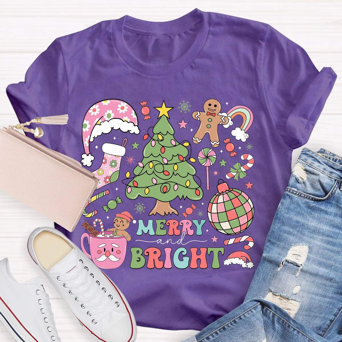 Merry And Bright Christmas Tree Teacher T-Shirt