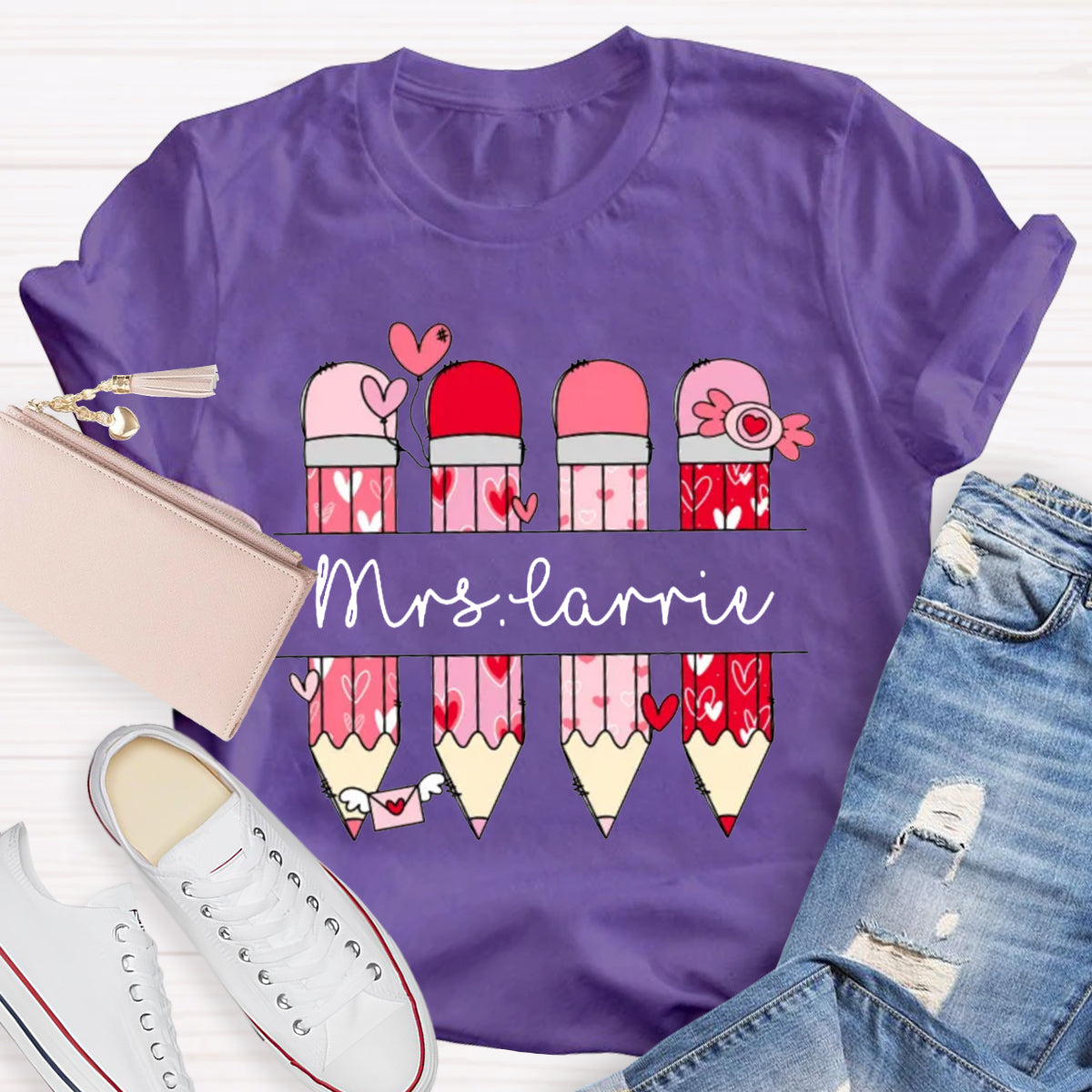 Personalized Name Valentine's Day Pink Pencil Teacher T-Shirt