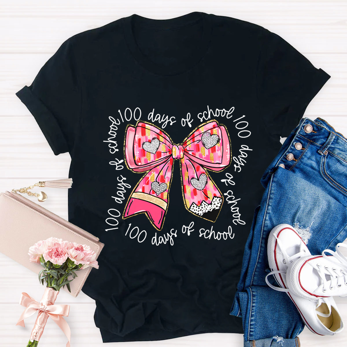 100 Days Of School Teacher Pink Bow T-Shirt