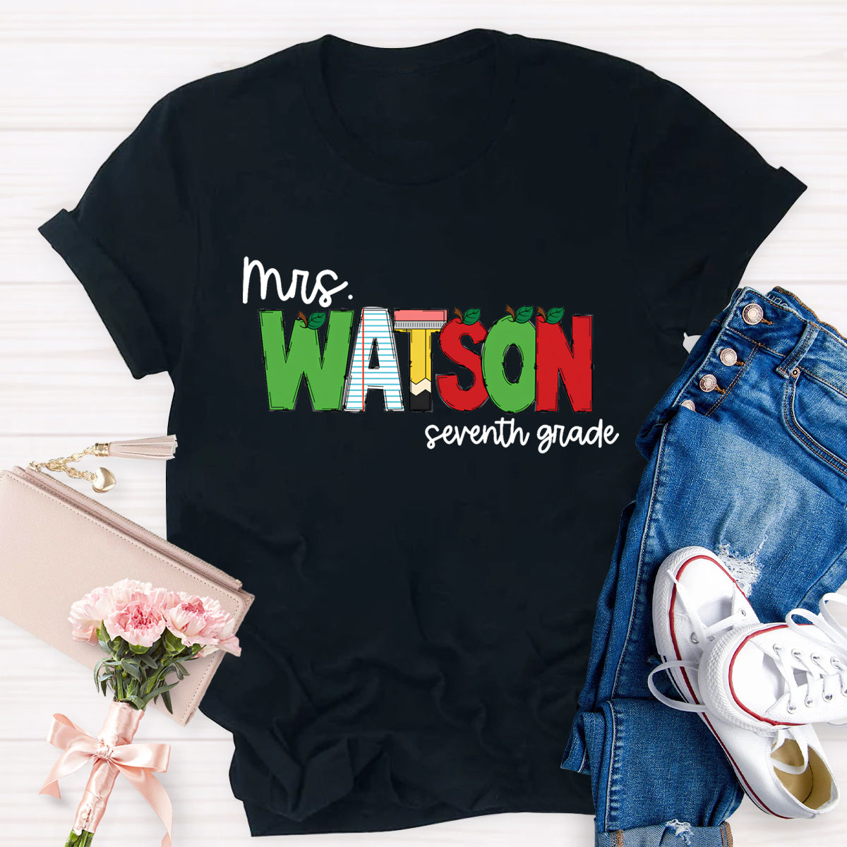 Personalized Name And Grade Green Red Color Block Teacher T-Shirt